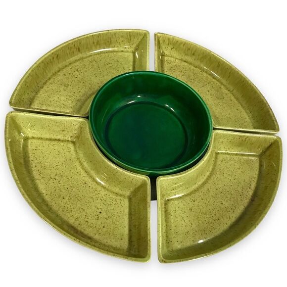 Speckled Avocado Emerald Green Glazed Ceramic Round Section Dish Serveware  Set - Picture 3 of 15